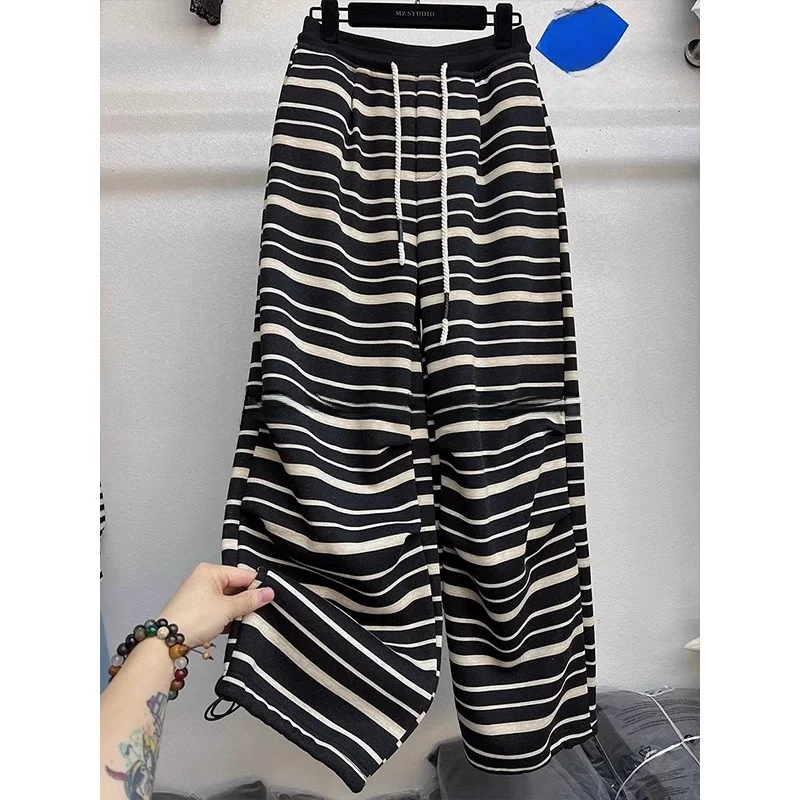 

plus Size Men's Casual Pants Thickened Fleece Straight Leg Autumn Winter Leisure Trousers European Style Stripe Design