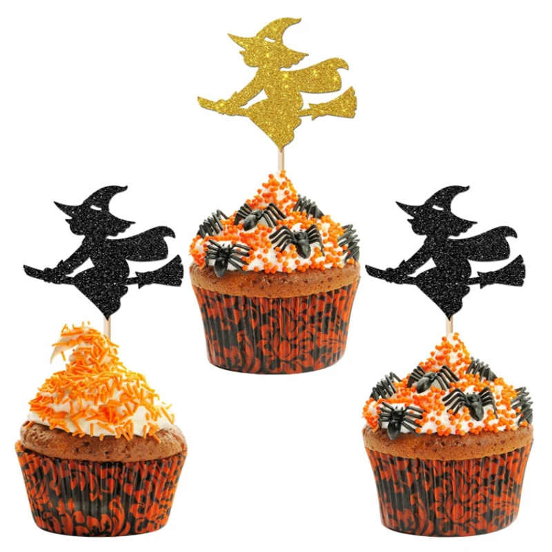 1set Halloween Cupcake Toppers Pumpkin Cupcake Wrappers Bat Witch Design Spiderweb Cupcake Toppers Toothpicks Party Faovrs