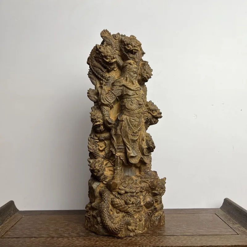 Hand-Carved Agarwood Guan Gong Statue with Dragons - 7.3
