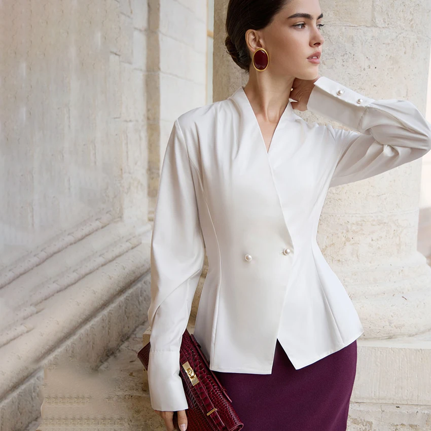 

Linad Office Lady White Shirts Sleeve Blouse Autumn Elegant Twill V Neck Blouses Fashion Wine Red Long Sleeve Tops Ladies 2025