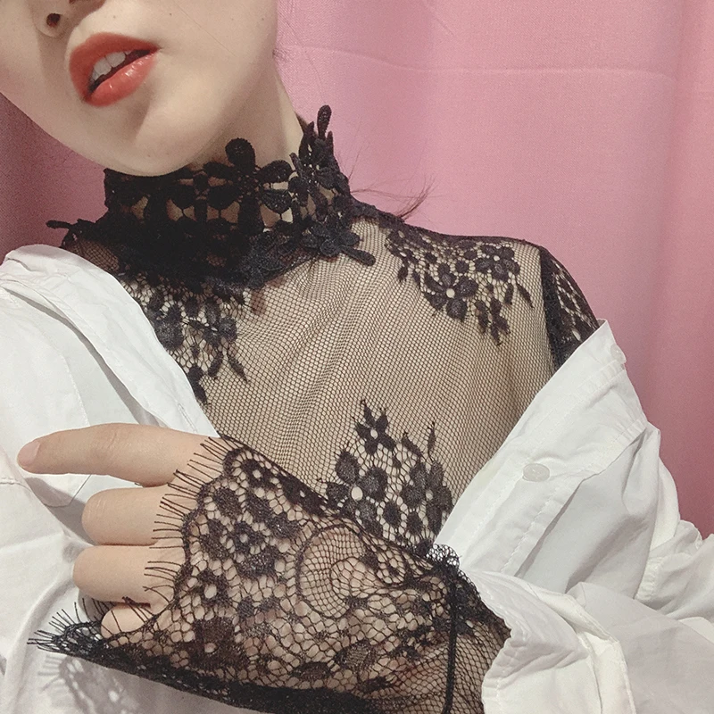 

Женская кружевная полупрозрачная блузка с воротником-стойкой, большие размеры, черная сетчатая топ-майка, модная кружевная одежда