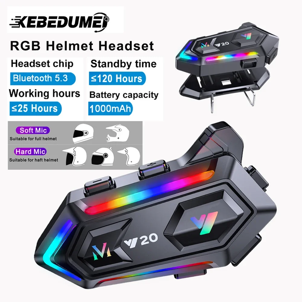 

Y20 Bluetooth Motorcycle Helmet Headset RGB Lighting HD Stereo Hands-free Noize Reduction Wireless Motorbike Headphone 1000mah