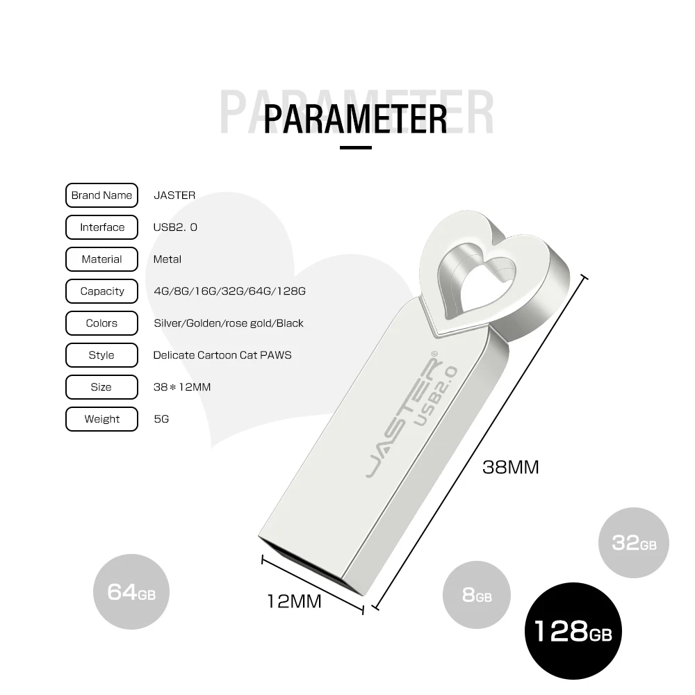 JASTER High Speed USB Flash Drives 64GB Cute Heart Pen Drive 32GB Rose Gloden Memory Stick Real Capacity Pendrive Creative Gift