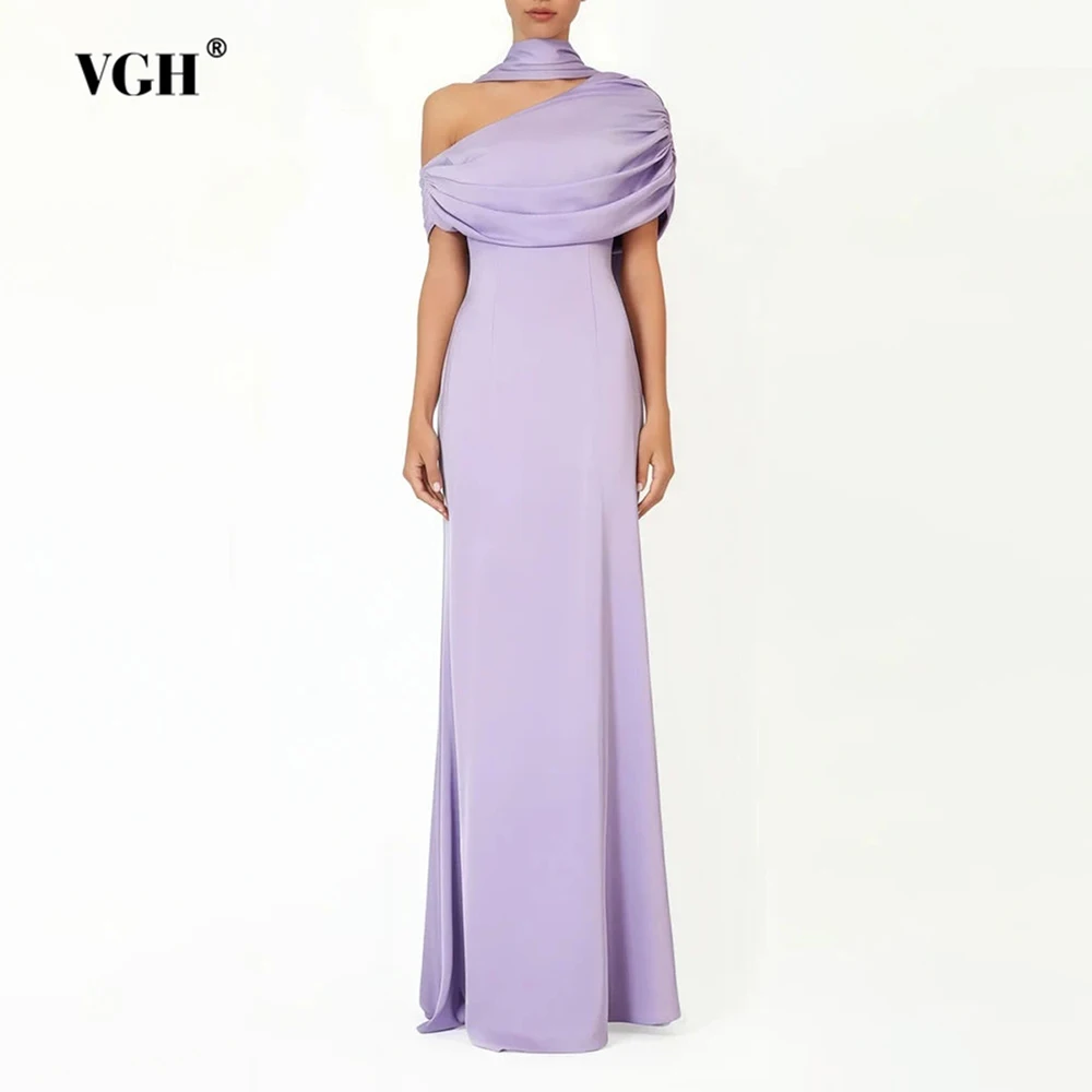 VGH Vintage Temperament Evening Dresses For Women Diagonal Collar Sleeveless High Waist Elegant Draped Dress Female Fashion New