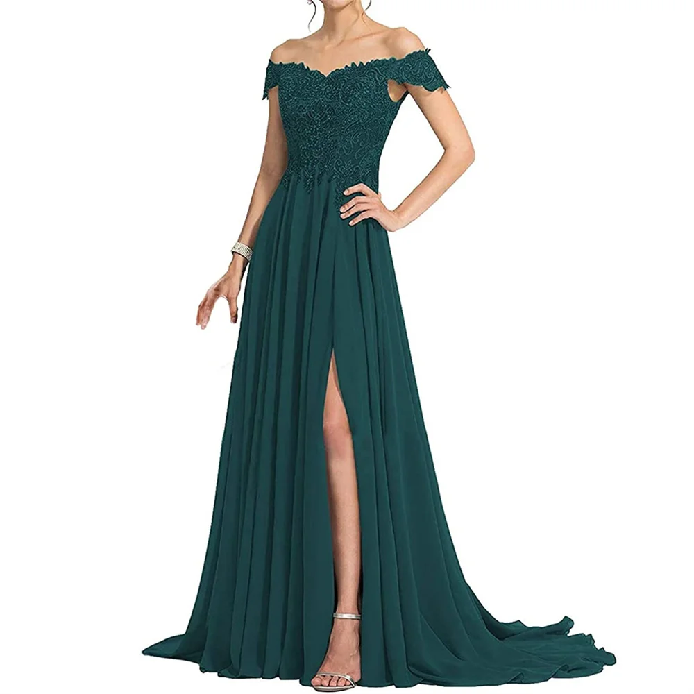 Off Shoulder Women Evening Party Dress Elegant Patchwork Long Formal Prom Gown High Split Floor Length Vestidos De Festa