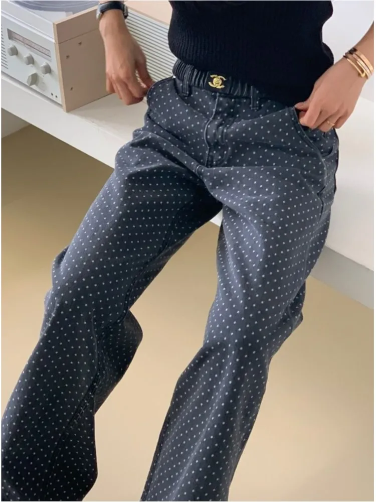 Jeans Summer Pant Women Korean Style Loose Pleated Ladies Trousers Polka Dot Print Fashion High Waist Casual Woman Long Pants