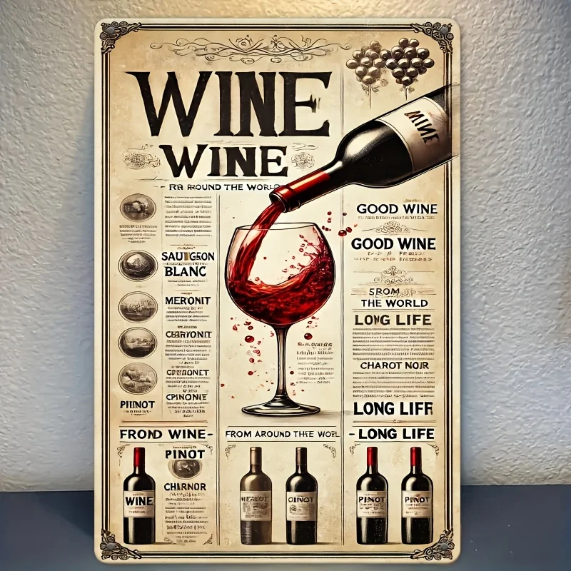 Vintage Wine Guide Metal Sign - Retro Tin Wall Art with Detailed Types,Pairings, Perfect for Home, Cafe, or Bedroom Decor,