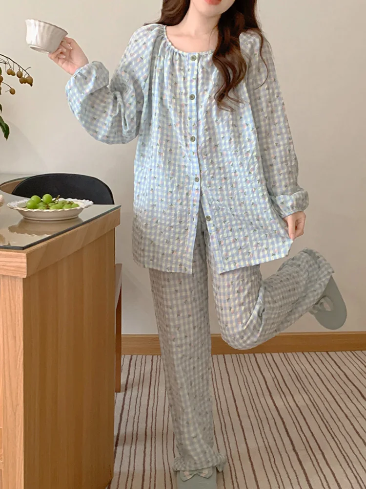 New Print Simple Sweet Korean Plaid Fashionable Autumn Long Sleeve Pajama Set Women Loose Elegant Casual Comfortable Sleepwear