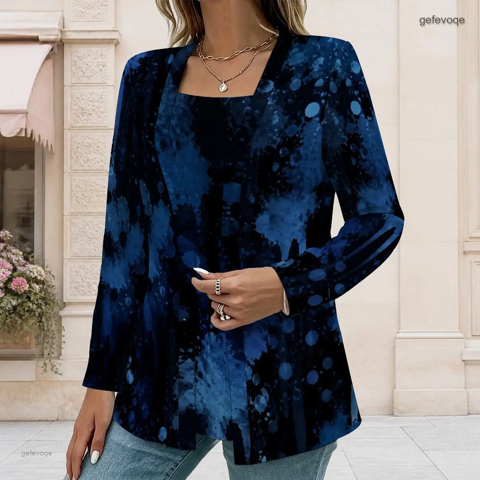 Women Square Neck Inner Top Long Sleeve Open Front Outer Top Two Piece Printed Top Set