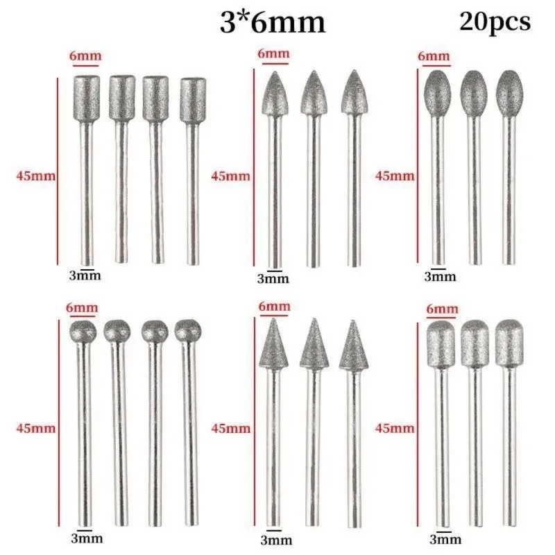 20pcs Diamond Drill Grinding Bit Set Mini Drill Burrs Bit Set for Dremel Rotary Tool Grinding Accessories 3mm Shank