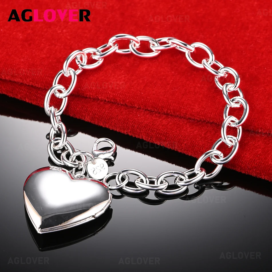 

AGLOVER 925 Sterling Silver Smooth Love Cuban Chain Chain Shrimp Clasp Bracelet Woman Charm Fashion Party Jewelry