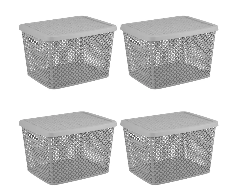 NEW Extra Large Decorative Plastic Storage Basket w/Lid Gray