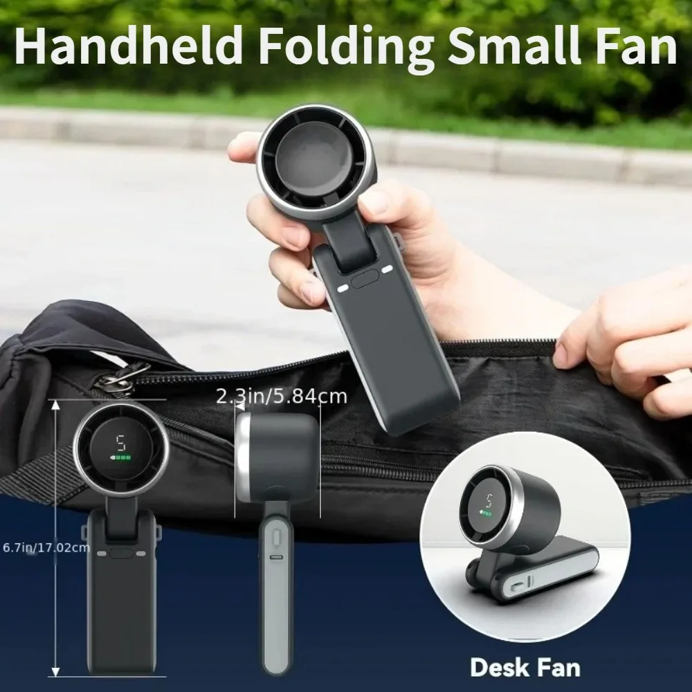 Electric Handheld Folding Fan with Type-C Charging Portable Desktop 5-Level Wind Speed Adjustment Digital Display with Lanyard