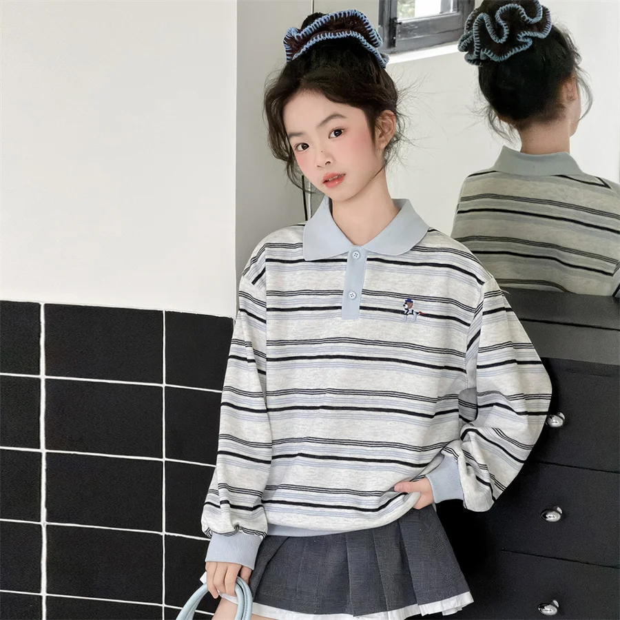 New Spring Children Long Sleeve Striped Cotton Polo Shirts for Teen Girls Casual Clothing School Kids Elegant Sweatshirt Coat