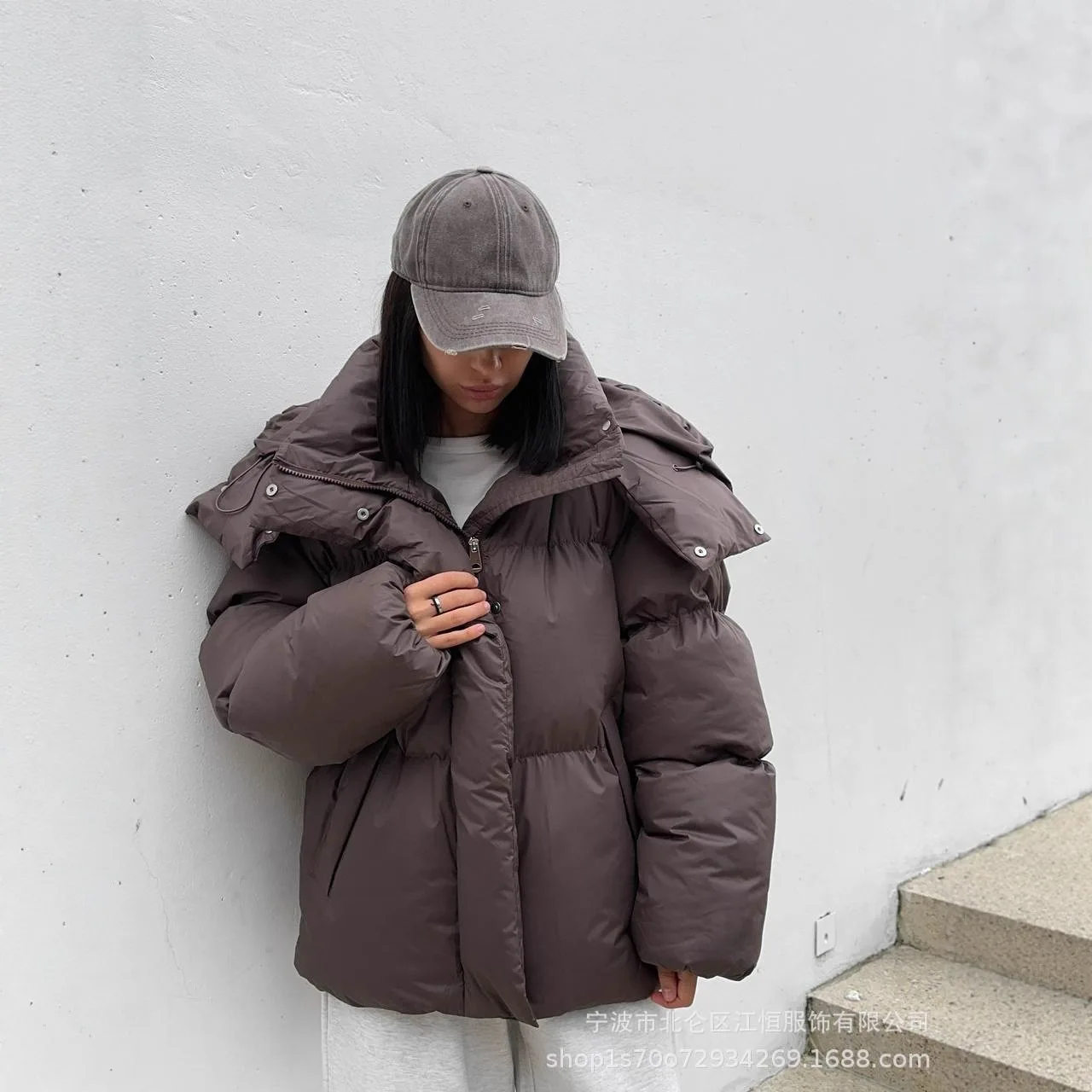 

Casual Versatile Waist-tie Style Autumn Winter Hooded Women's Thick Brown Cotton Padded Jacket