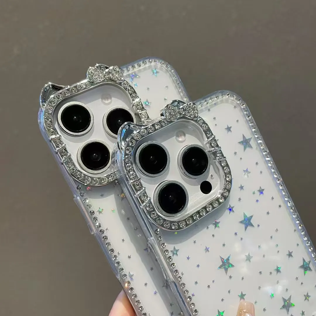 

Bling Rhinestone Star Glitter Phone Case For iPhone 17 16 15 14 13 Pro Max Plus Diamond Edge Clear Shockproof Soft Cover