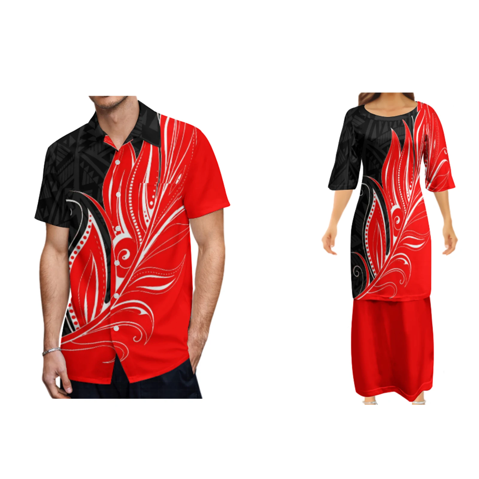 

Wholesale Pacific Island High Quality 7XL Samoa Tribal Puletasi Dresses Customized On Demand Polynesian Ethnic Style Couple Suit