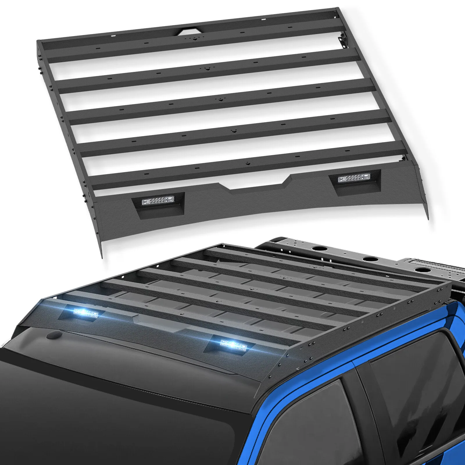 

Rooftop Cargo Carrier Luggage Storage Holder W/ LED Lights for 2009 2010 2011 2012 2013 2014 Ford F-150 & Raptor Super Crew Cab