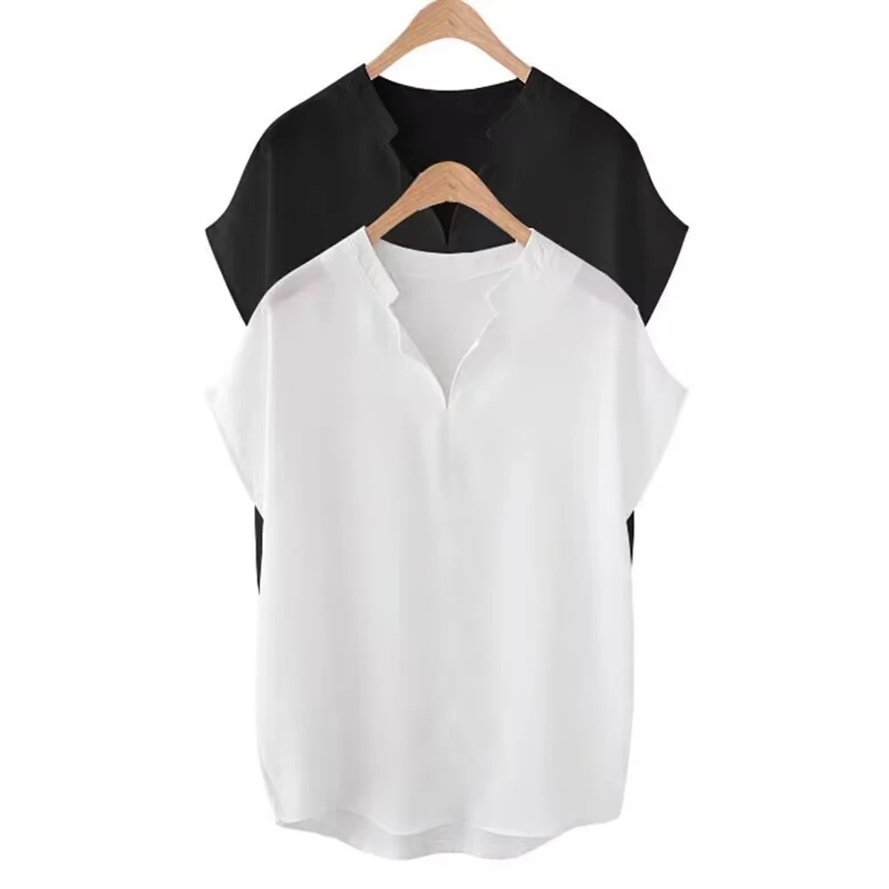 Новая женская шифоновая рубашка с короткими рукавами, стильный свободный топ с v-образным вырезом