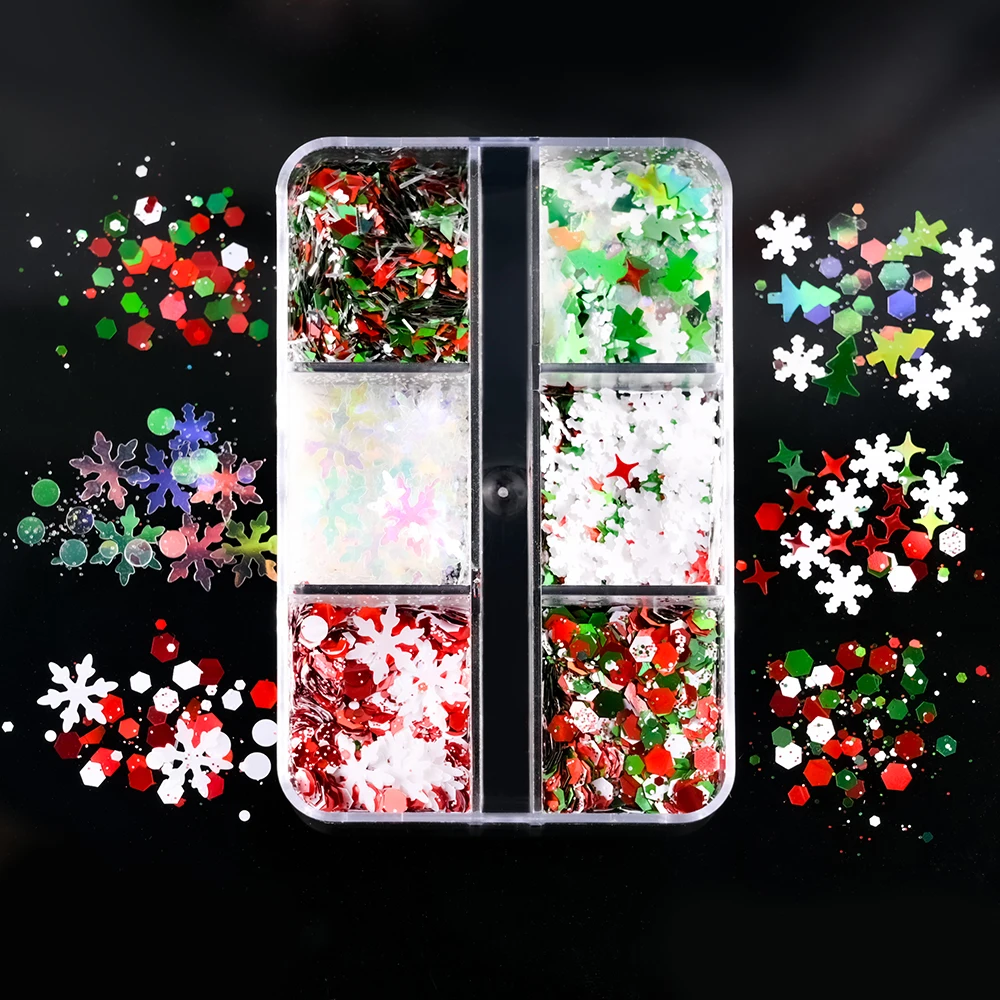 6Grids/box Christmas Winter Snowflake Glitter Flakes 3D Star Red Green Glitter Snowflakes Manicure Christmas Snowflake Flakes