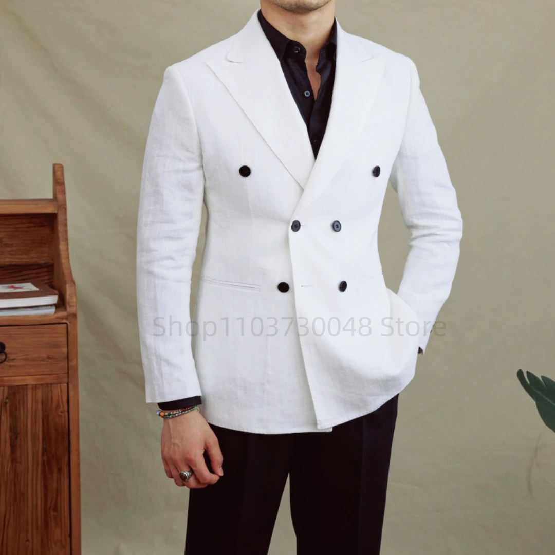 

Белый льняной мужской костюм Блейзер Slim Fit Летний пляжный выпускной свадебный костюм Куртка с пиковыми лацканами для мужчин Повседневное тонкое пальто Цельный