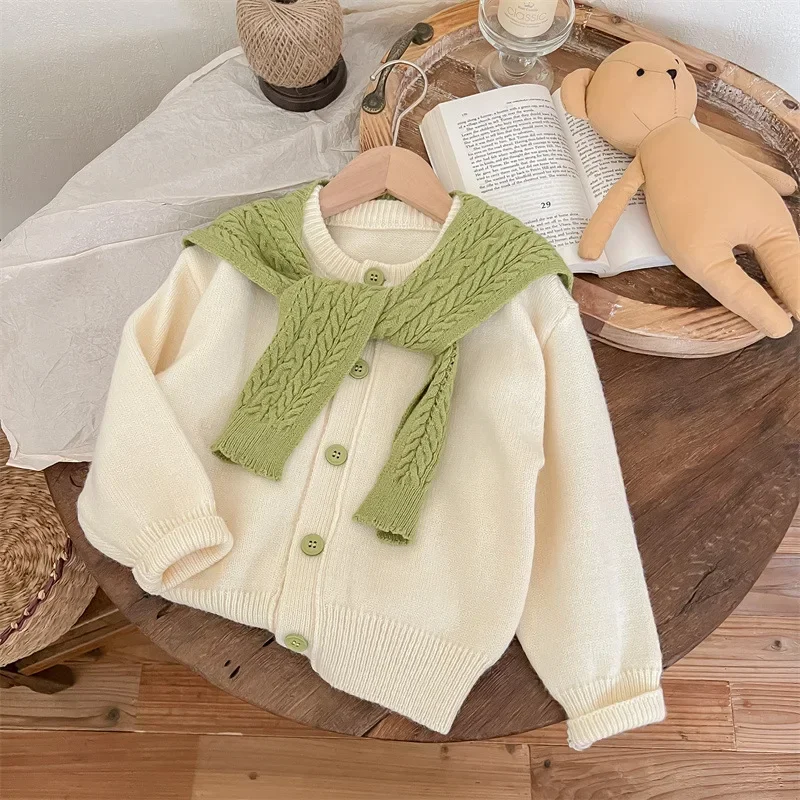 Baby Girls Cute Sweaters Solid One Breasted Full Sleeve Casual Cardigans With Contrast Shawl Fashion Winter Soft Knitting Coat