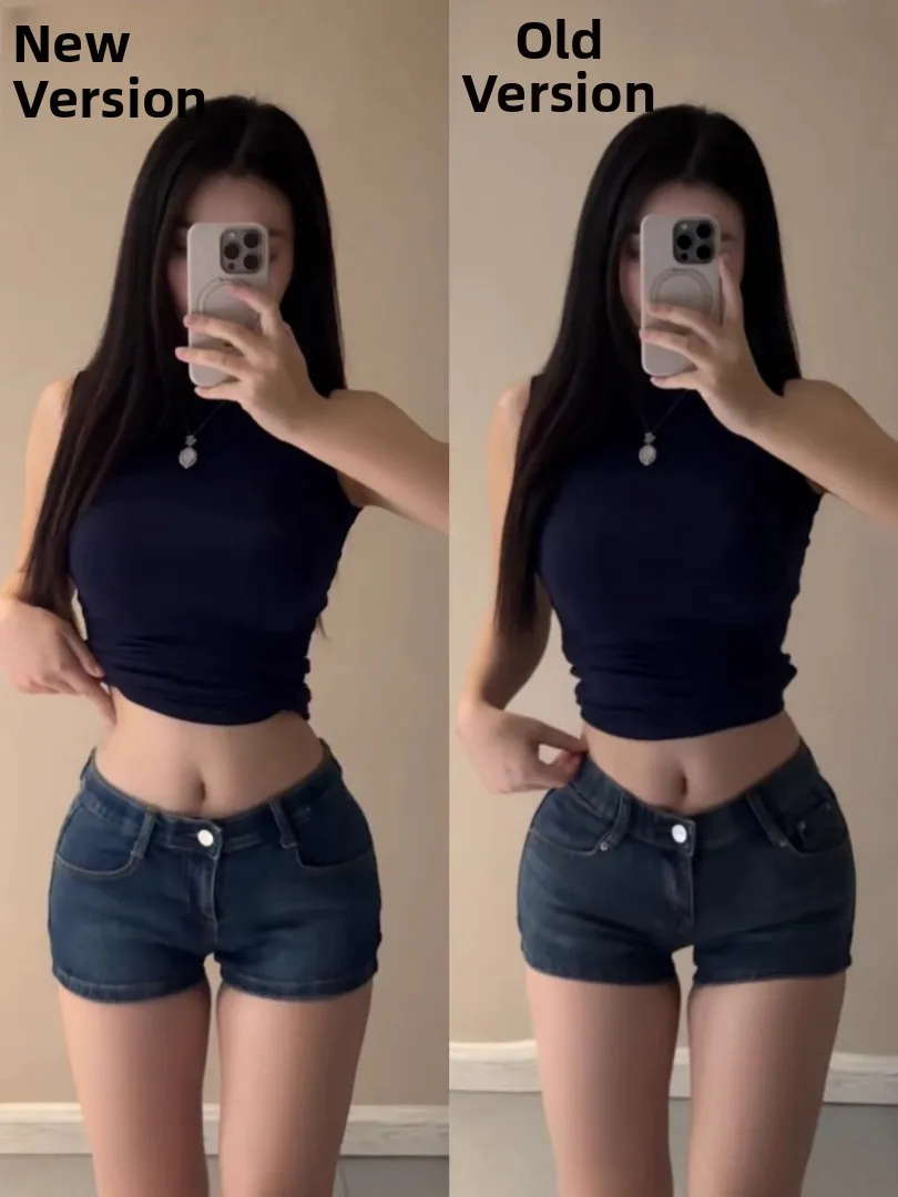Low Waist Elastic Waist Slimming Leg Lengthening Denim Shorts Women's Sexy Hip Enhancing Hot Pants Spring Summer Cotton Stret...
