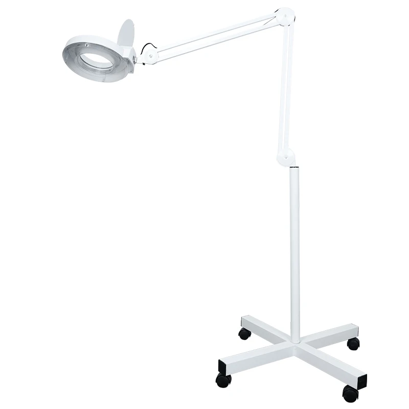 

Soft Light Eye Protection Cold Light Lamp Cross Base with Wheels Beauty Salon LED Floor Light Swing Arm 8x Magnifying Glass Lamp