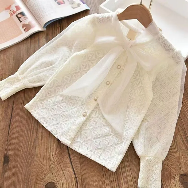 Teenage Girls Shirt New Korean Style Baby Girls Princess Blouses Lace Collar Tops Toddlers Kids Bow Princess Shirt