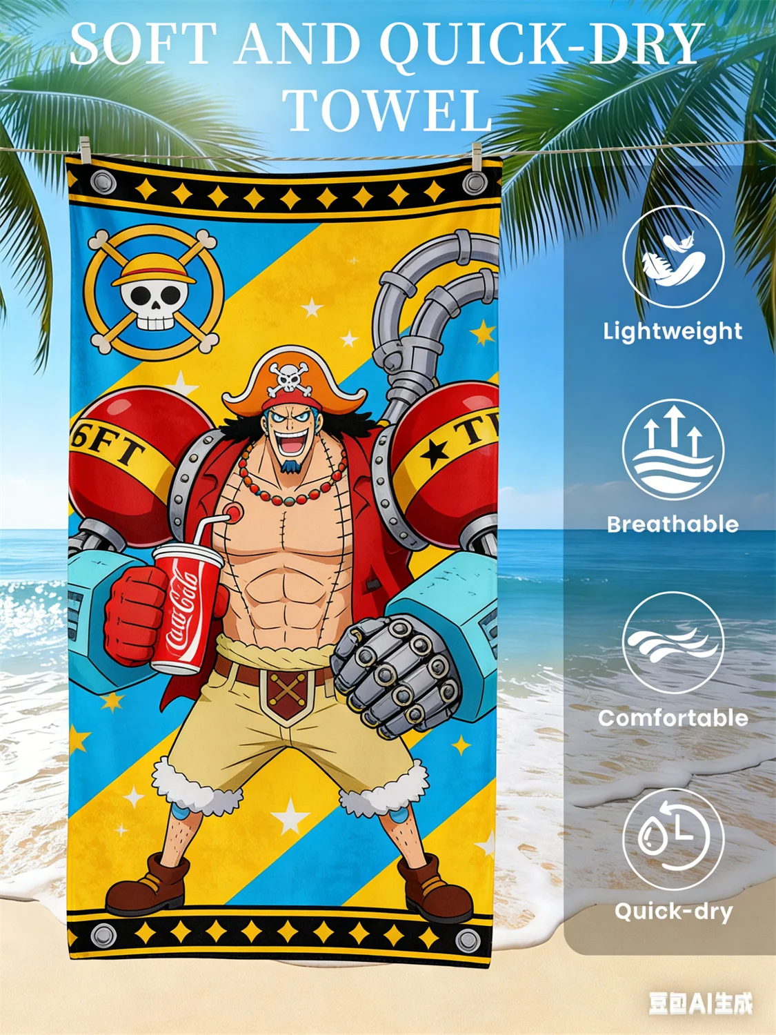 

Пляжное полотенце One Piece Monkey D. Luffy, эксклюзивное лимитированное издание для фанатов аниме, с пиратской тематикой, для пляжа, бассейна и ванной комнаты.