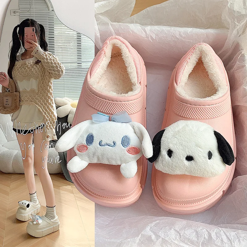 Sanrio Yugui-Zapatillas de algodón con dibujos de perros EVA para mujer, zapatos de algodón con plataforma y forro polar para el hogar, cálidos y resistentes al desgaste