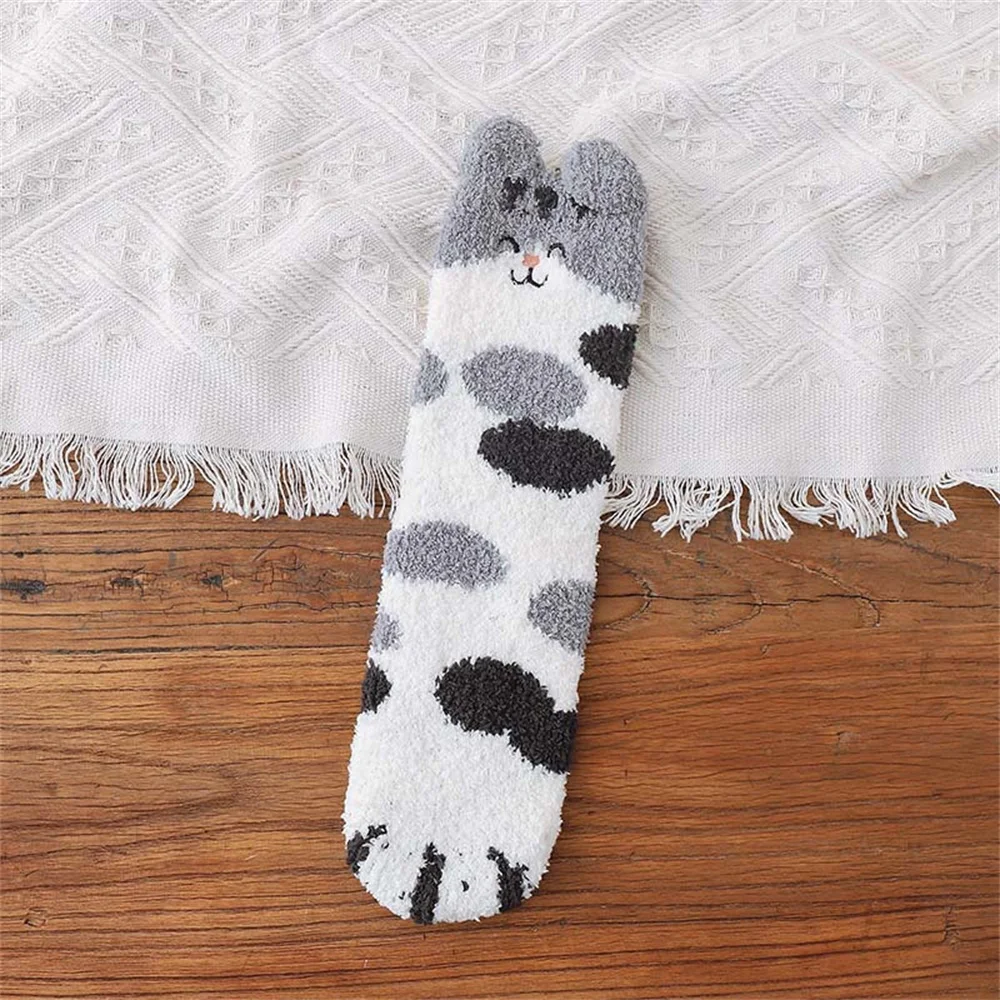 Calcetines de lana de Coral con dibujos animados en 3D para mujer, medias gruesas y cálidas de pata de gato de la suerte, calcetín de suelo para dormir, calcetines largos gruesos Kawaii, Invierno