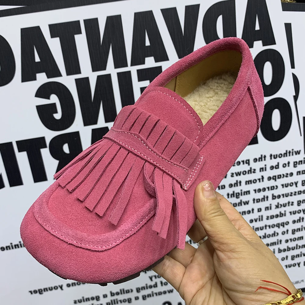 Modne damskie buty z frędzlami Plus Size damskie mokasyny antypoślizgowe damskie płaskie buty markowe markowe skórzane buty pluszowe mullery