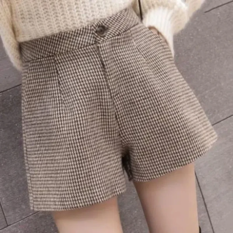 Korean Fashion Autumn New Woolen Women Houndstooth Zipper Button Pockets Casual High Waist Loose Straight A-line Wide Leg Short