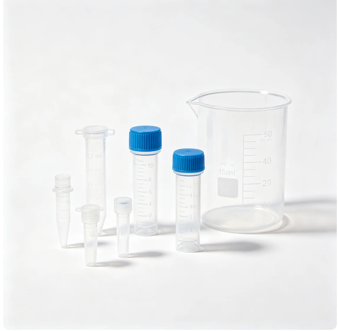 Plastic centrifuge tubes with flip caps in various sizes: 0.2ml, 0.5ml, 1.5ml, 2ml, 10ml, 15ml, 50ml, micro PCR tubes, for lab