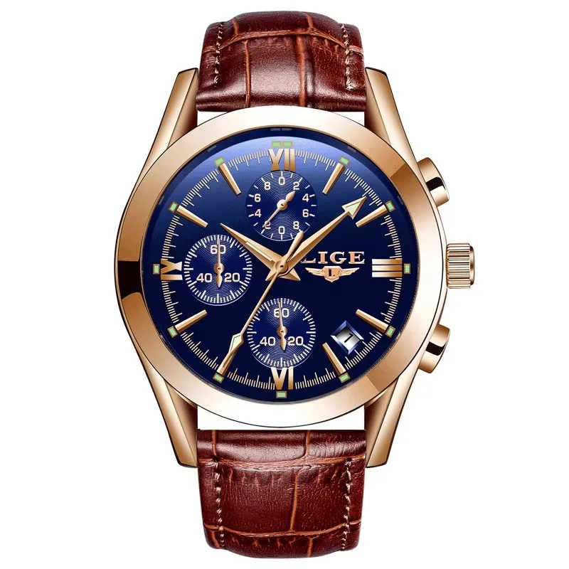 ساعة LIGE كوارتز للرجال كرونوغراف متعددة الوظائف مقاومة للماء وحزام جلدي مضيء مقاومة للماء ساعة عمل فاخرة للرجال
