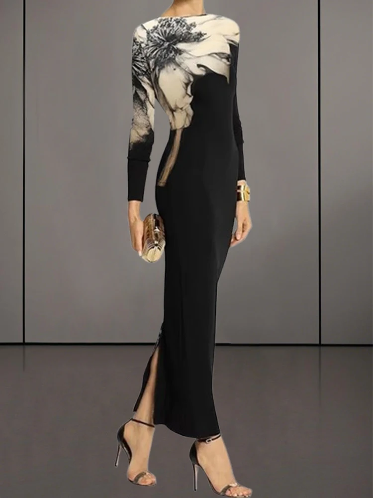 

Городские узкие платья 2024, весна-лето, модное платье макси, женские платья до щиколотки с вырезом лодочкой и длинными рукавами с принтом