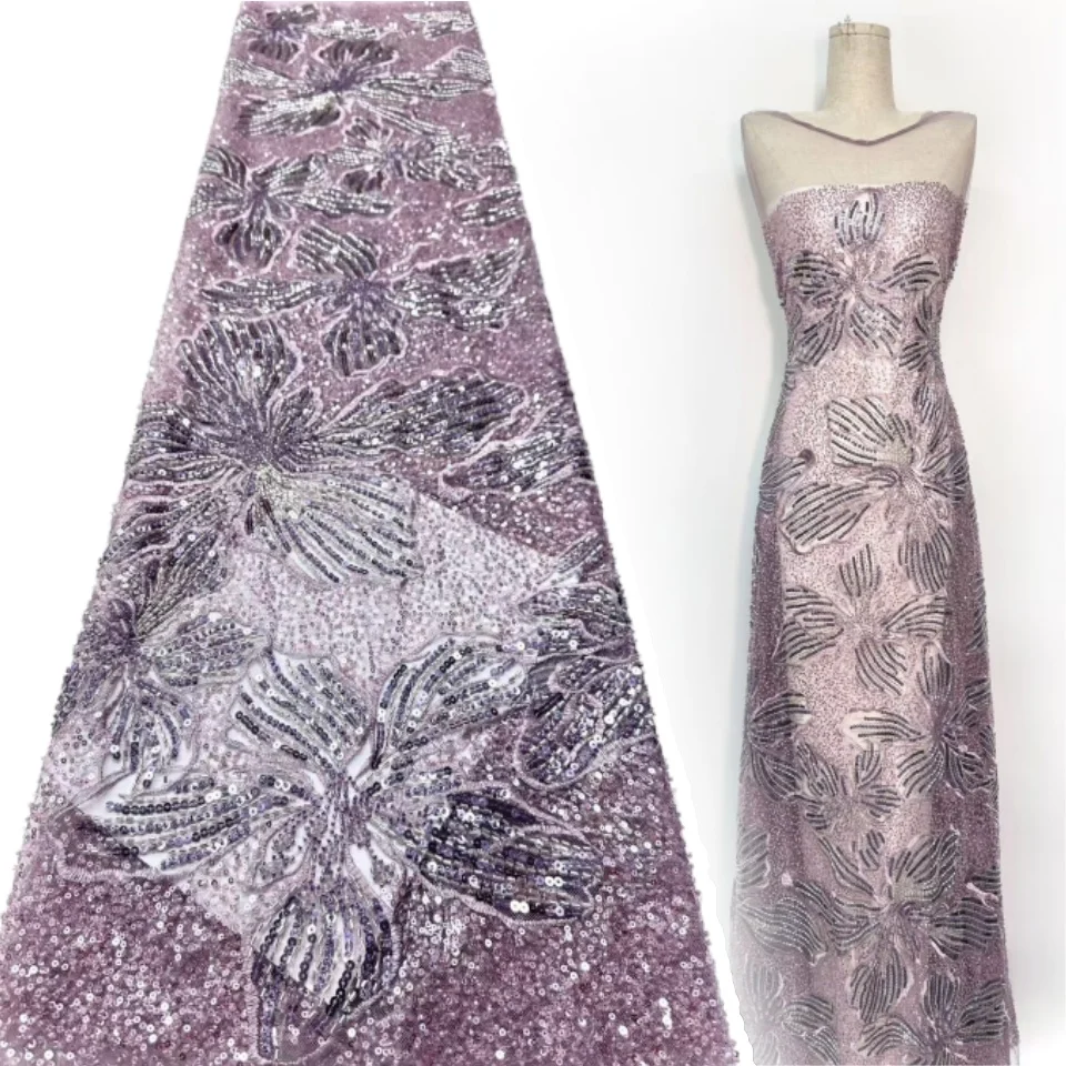 

Африканская сетчатая кружевная ткань ручной работы с тяжелыми бисером, 5 ярдов, роскошная французская кружевная ткань с блестками для шитья женского праздничного платья SZ1479