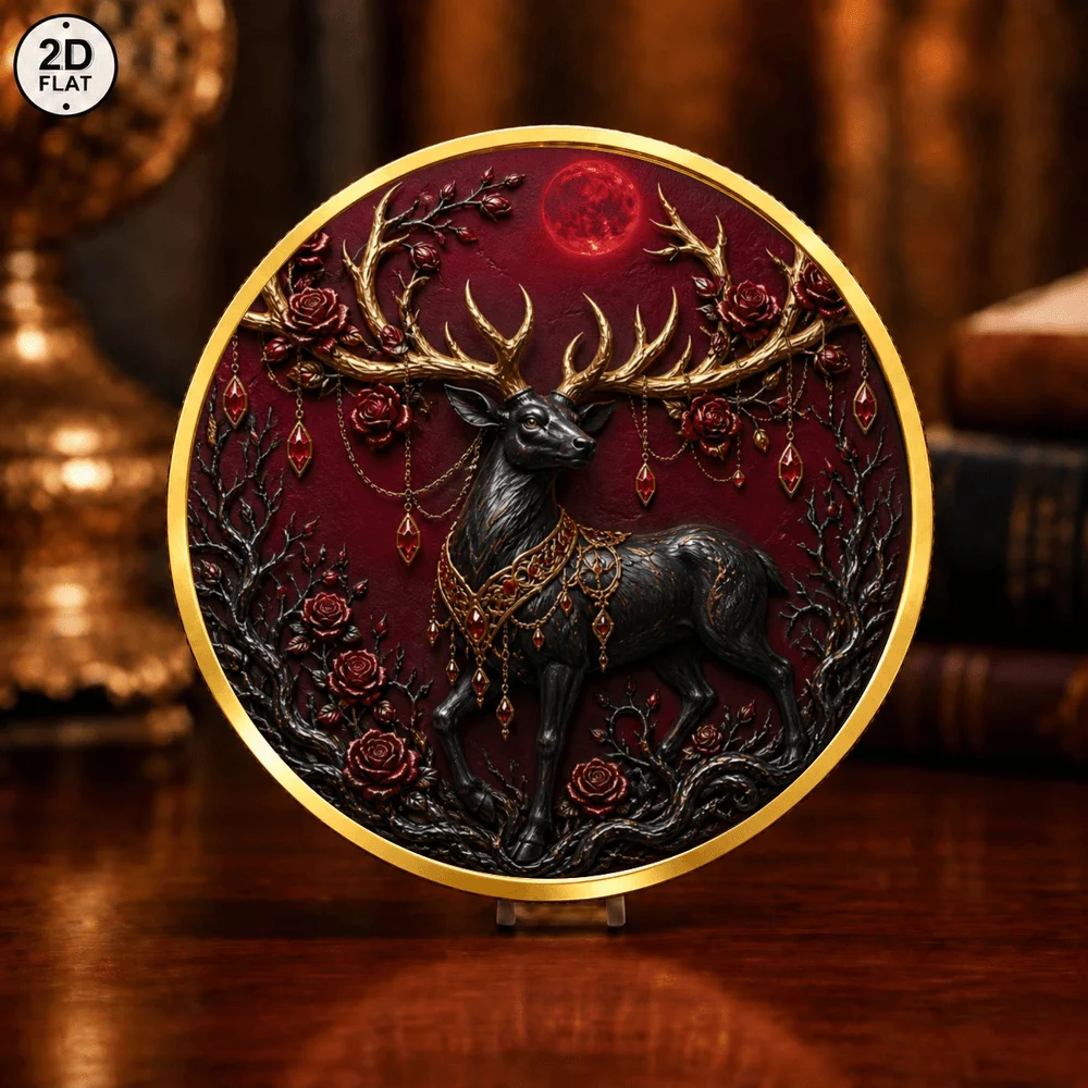 1pc Color Print Nine Tails Fox & Dark Elk Commemorative Coin Red Moon Fantasy Wildlife Challenge Coin Gothic Souvenir Gift
