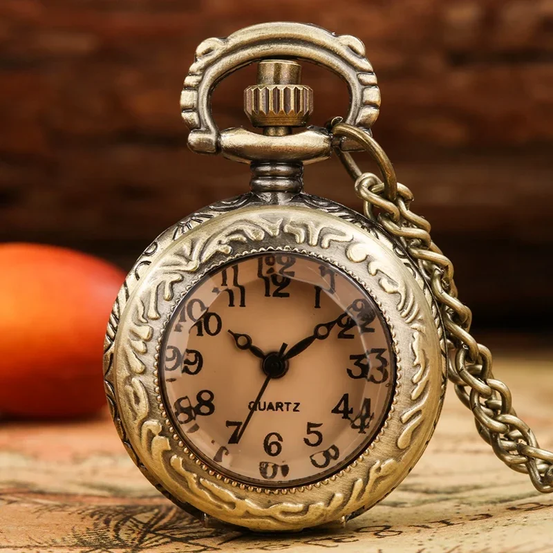 Vintage Mini Size Clock Transparent Cover Men Women Retro Quartz Pocket Watch Arabic Number Display with Necklace Chain