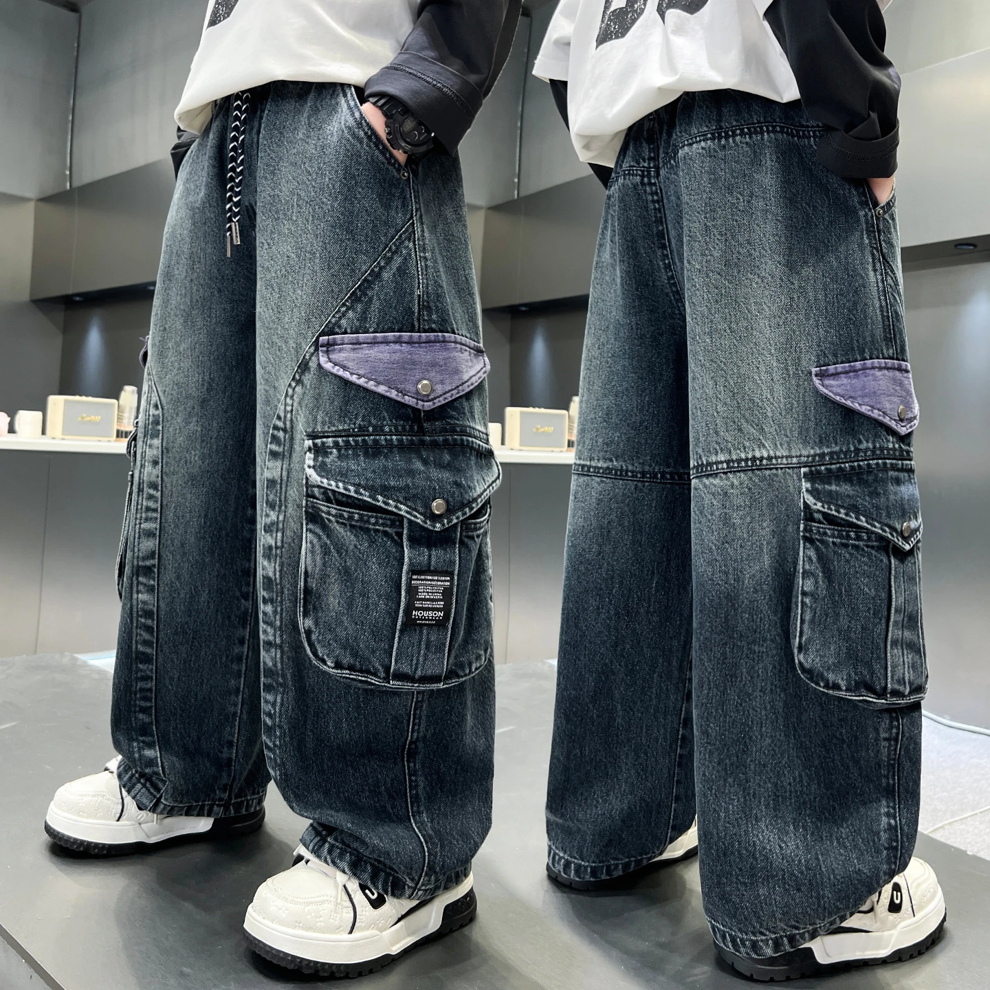 Children Retro Street Cotton Cargo Pants 2026 Spring Autumn Hot Sale Boy's Casual Loose Jeans 4-14Y Kids Wide Leg Denim Trousers
