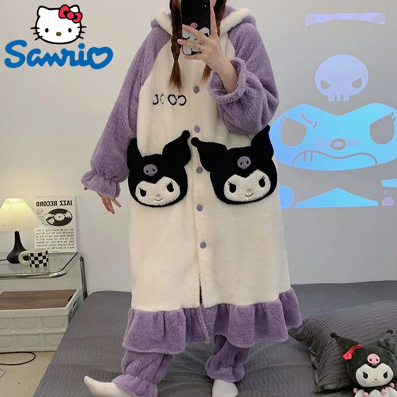 New Sanrio Kuromi Women Winter Coral Velvet Pajamas Thickened Flannel Hooded Sleeping Robe Set Korean Style Fashion Casual Home