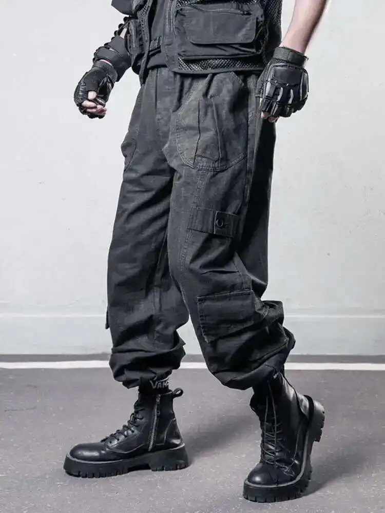 HKSH Primavera Nuova Nicchia Originale Americano Retro Vibe Techwear Multi Tasca Dritto Pantaloni Cargo Da Uomo Allentato Stile Safari Scuro HK4093