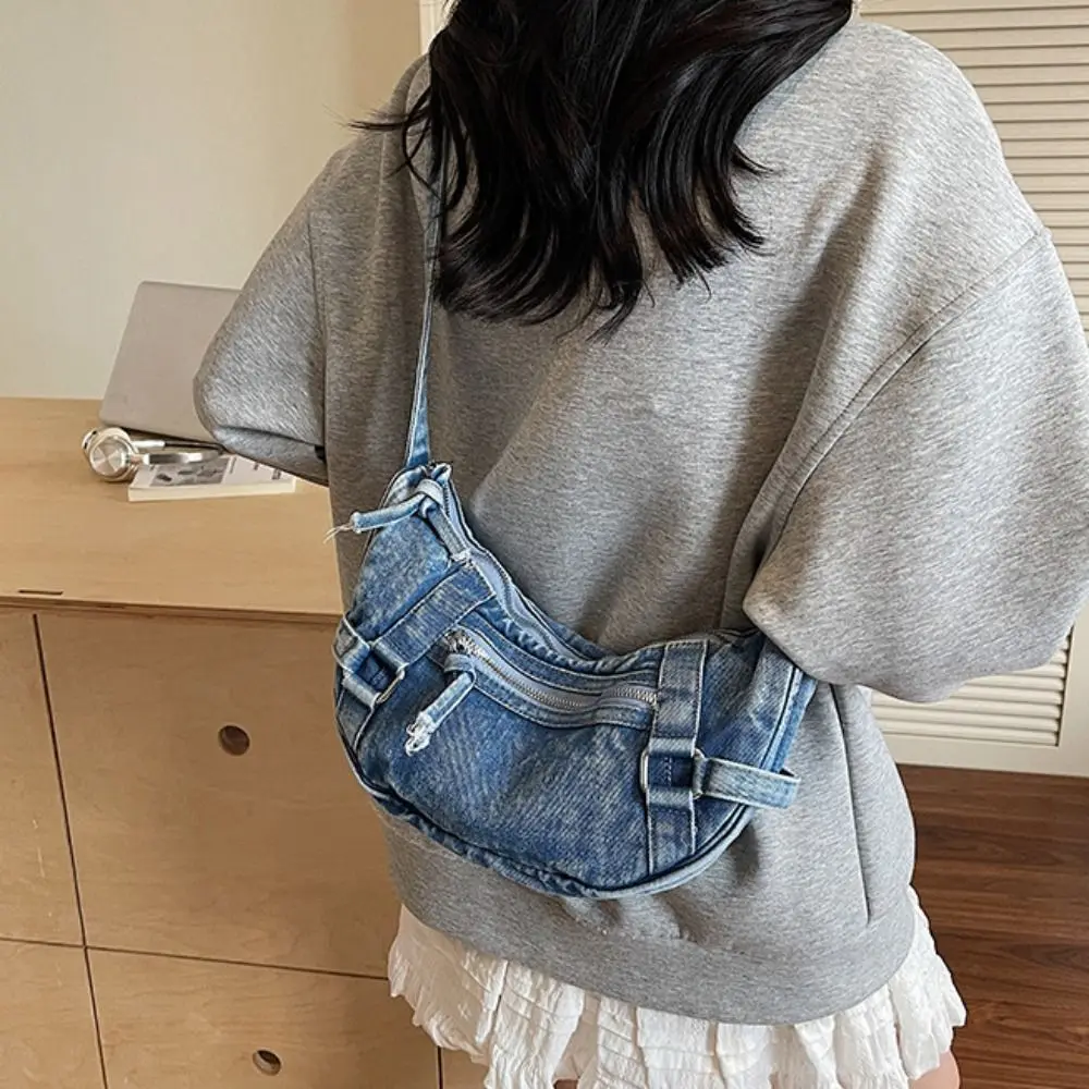 

Fashion American Style Canvas Dumpling Bag Adjustable Strap Retro Casual Tote Bag Harajuku Zipper Denim Crossbody Bag Lady