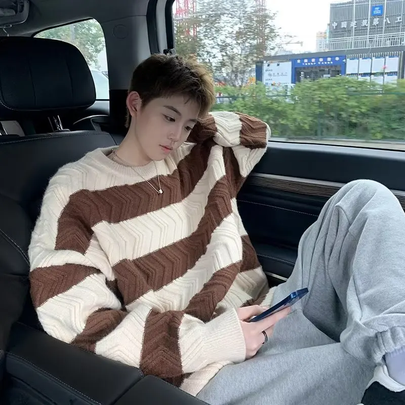 

Men's Oversized Knitted Sweater round Ne Casual Striped Thi Winter Faion Leisure Sle Baseball Collar Long Sve Top