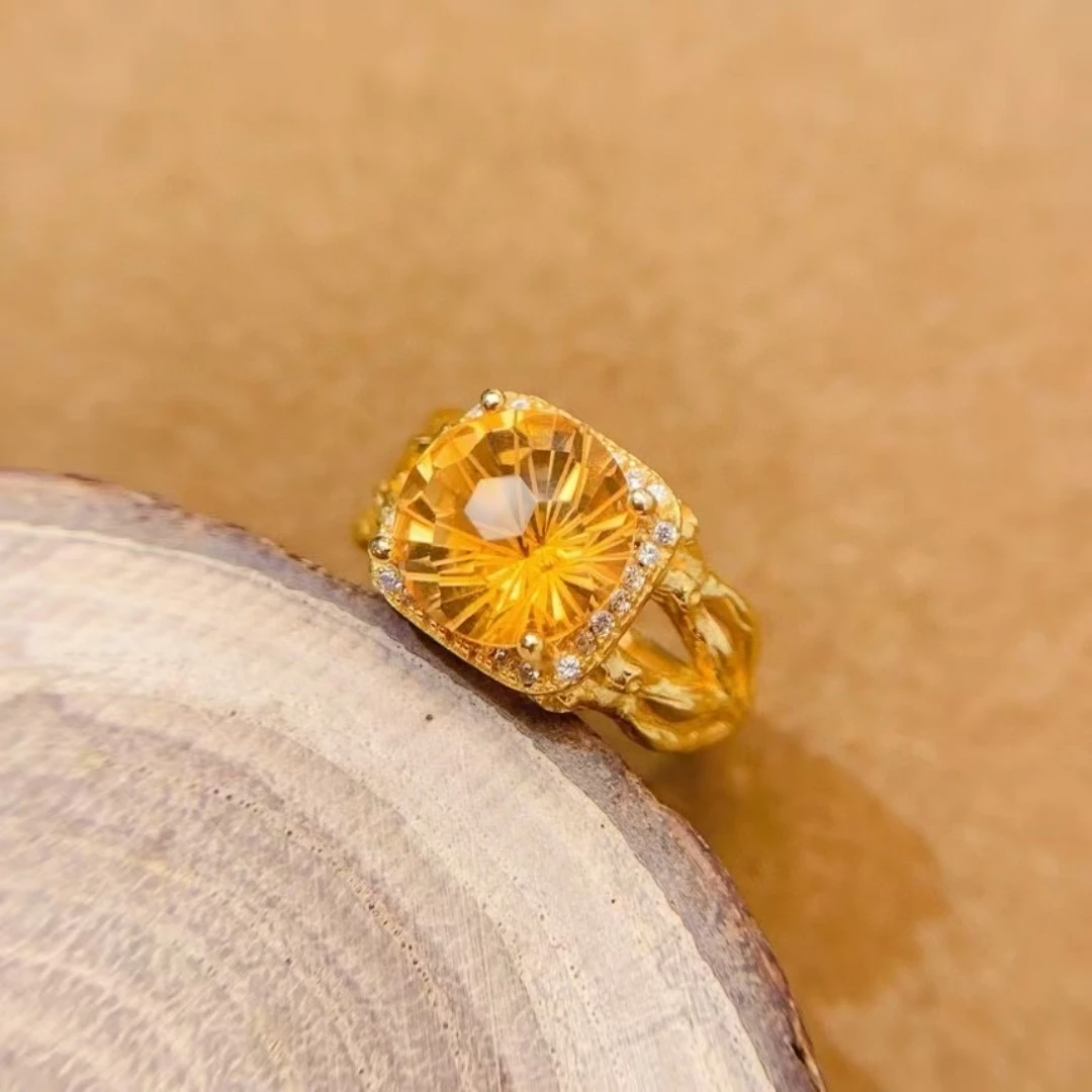 

KJJEAXCMY Natural Yellow Crystal Ring S925 silver , electroplated locking color process, high clarity Full of luster Support tes
