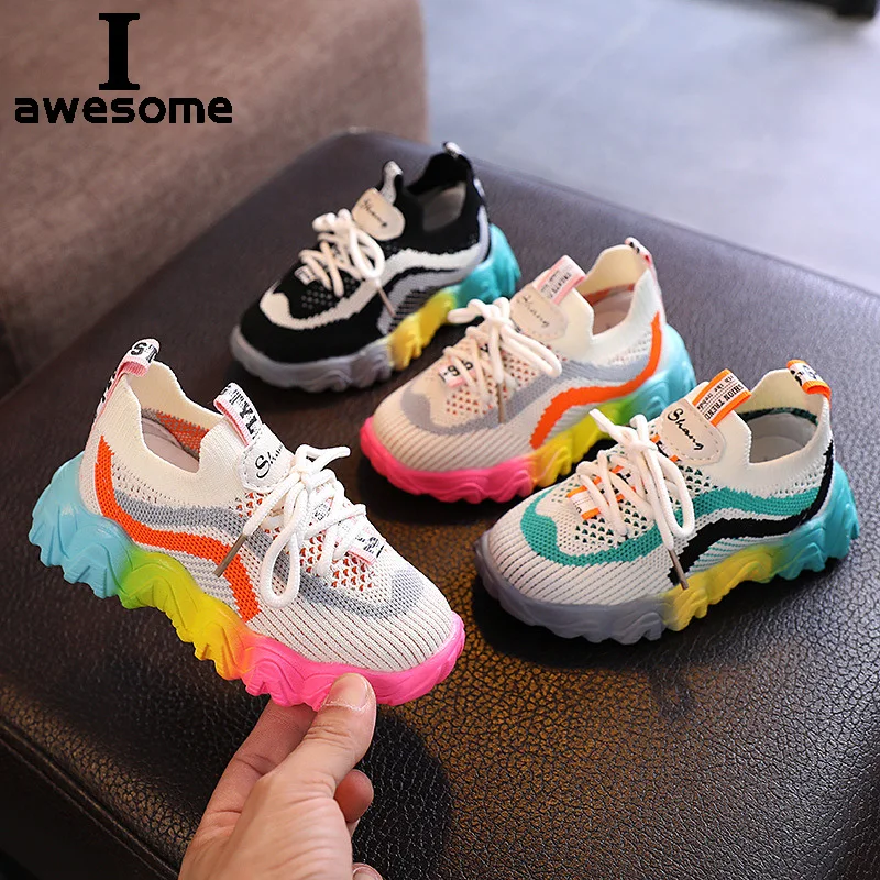 

2021 Kids Shoes Colored Soles Baby Toddler Shoes New Breathable Mesh Boys Girls Striped Sports Shoes Children Casual Sneakers
