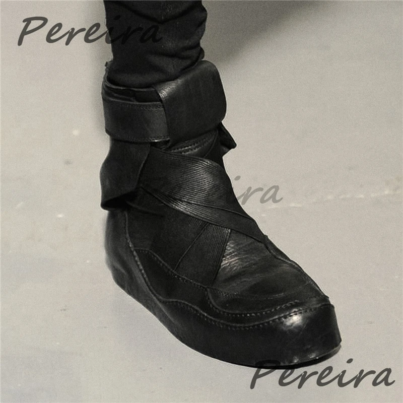Retro Cross Elastic Strap Thick Soled High Top Sneakers Trendy Round Toe Belt Buckle Back Zipper Short Boots Men's Casual Shoes