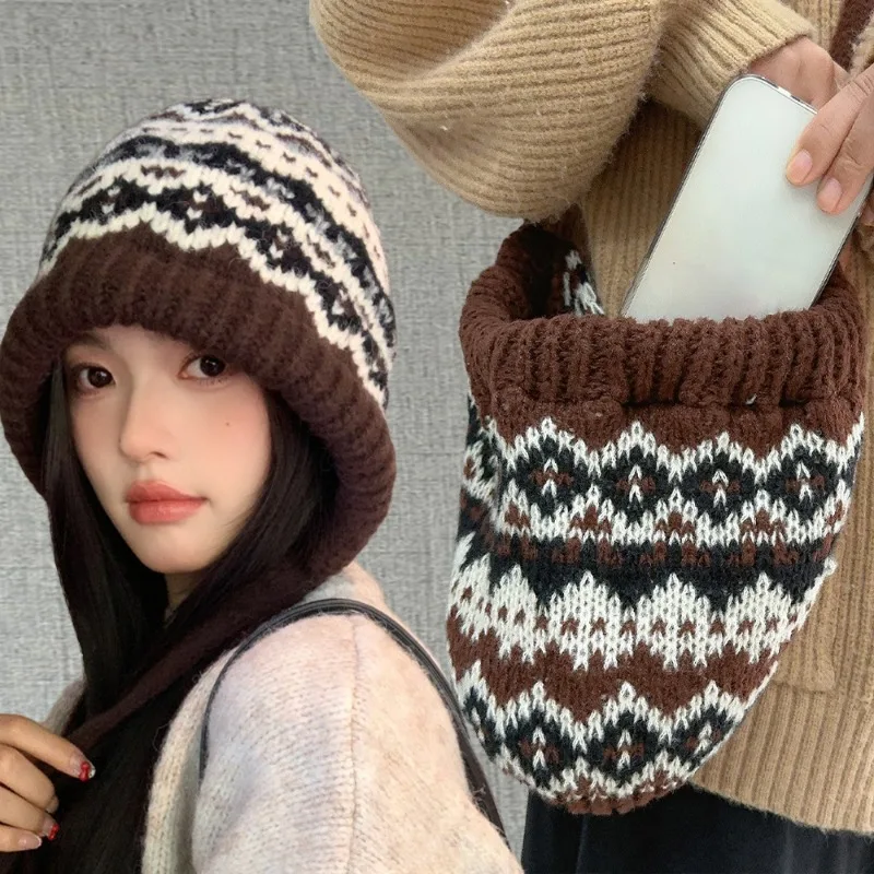 Ethnic Style Striped Spliced Knitted Hat Women Autumn Winter Caps Multifunctional Crossbody Bag Ear Protection Drawstring Hats