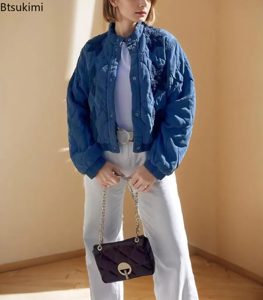 2025 Winter Women's Embroidered Cotton Coat Retro Round Neck Single-breasted Women's Y2k Streetwear Long-sleeved Warm Jacket